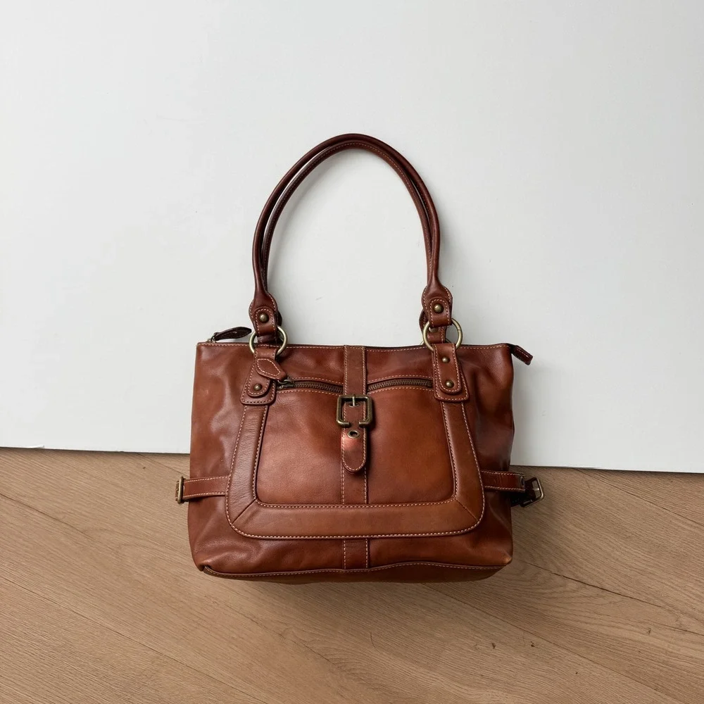 Brown Leather Shoulder Bag Buckle Detail Zippered Tote Brass Hardware Luce
